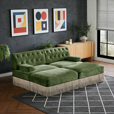 Canapé Chesterfield en velours avec 2 repose-pieds, canapé modulaire capitonné avec jupe à franges, canapé rembourré de style rétro français