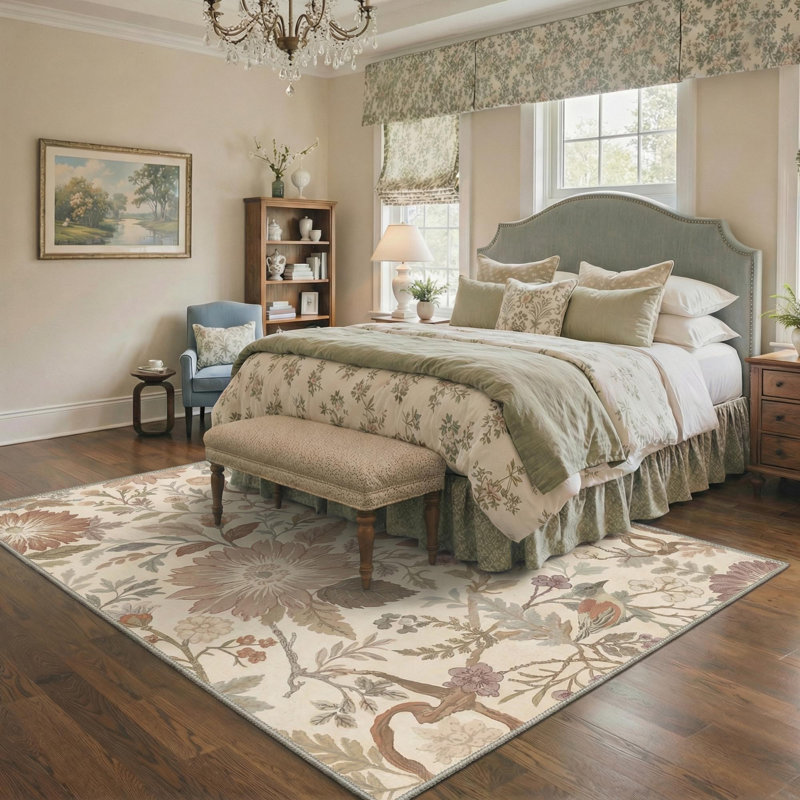 Clermont Veridian Floral Machine Washable Beige Indoor Area Rug with Non-Slip Backing, Rectangle 9' x 12'