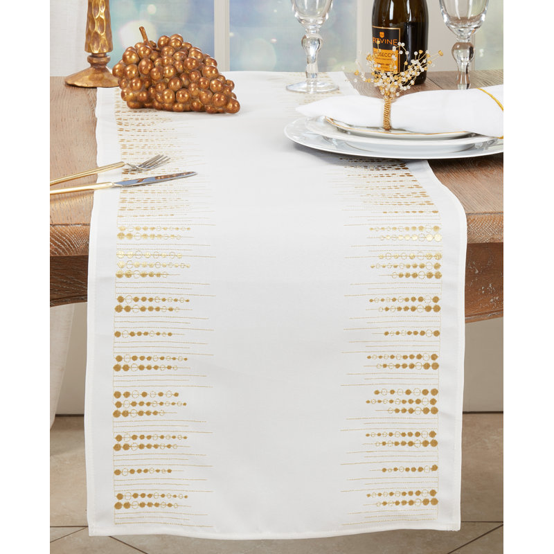 Gold and White Handcrafted Embroidered Dots Polyester Table Runner