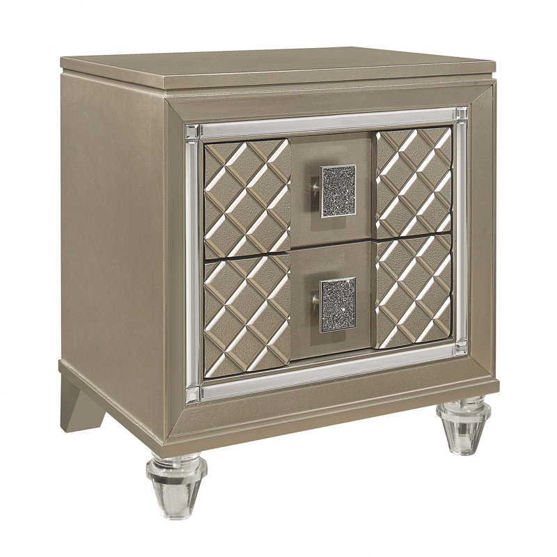 Glamour Champagne Finition 1pc Table de chevet 2 tiroirs Acrylique Table de chevet Mobilier de chambre à coucher de luxe Bordure de miroir biseauté