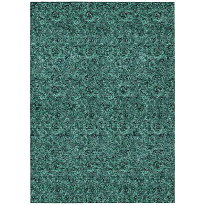 3' X 5' Teal Blue Green And Charcoal Floral Washable Indoor Outdoor Area Rug