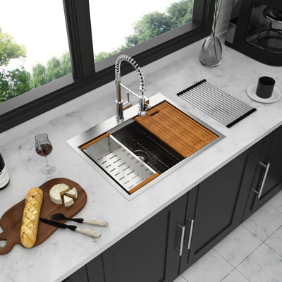 Évier de cuisine en acier inoxydable de 28 po x 22 po - poste de travail de calibre 16 avec accoudoirs de style moderne 28 po x 22 po x 10 po silencieux et facile à nettoyer