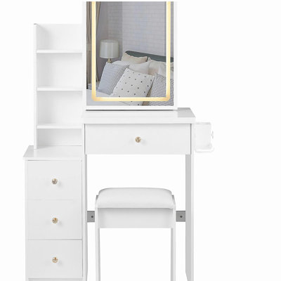 29.2" Small Size Left Bedside Cabinet Vanity Table + Cushioned Stool, 2 AC+2 USB Power Station, Hair dryer bracket, Extra Large Touch Control Sliding LED Mirror, Tri-color Switching, Brightness Adjust