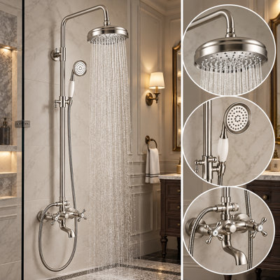 Système de douche exposé en nickel brossé Mosson, pomme de douche à pluie ronde rétro avec douche à main en céramique et barre coulissante réglable, ensemble de robinet de douche mural à deux poignées pour salle de bain