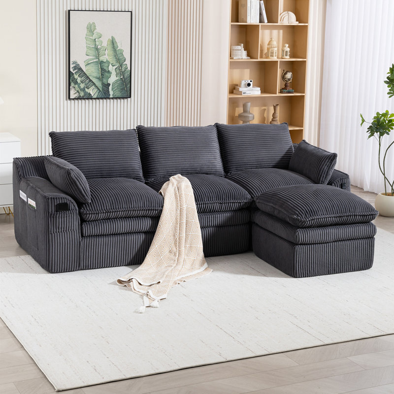 Canapé modulaire en L compressé en tissu velours côtelé, sans assemblage, Gris