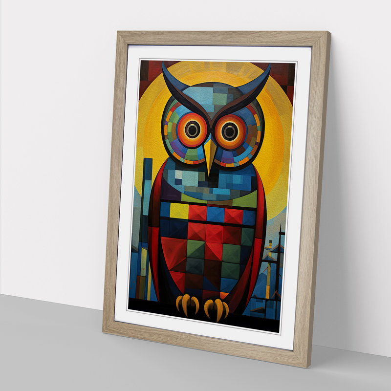 Owl Constructivism - Single Picture Frame Print on Wood, Oak Framed, 64cm H x 46cm W x 2cm D