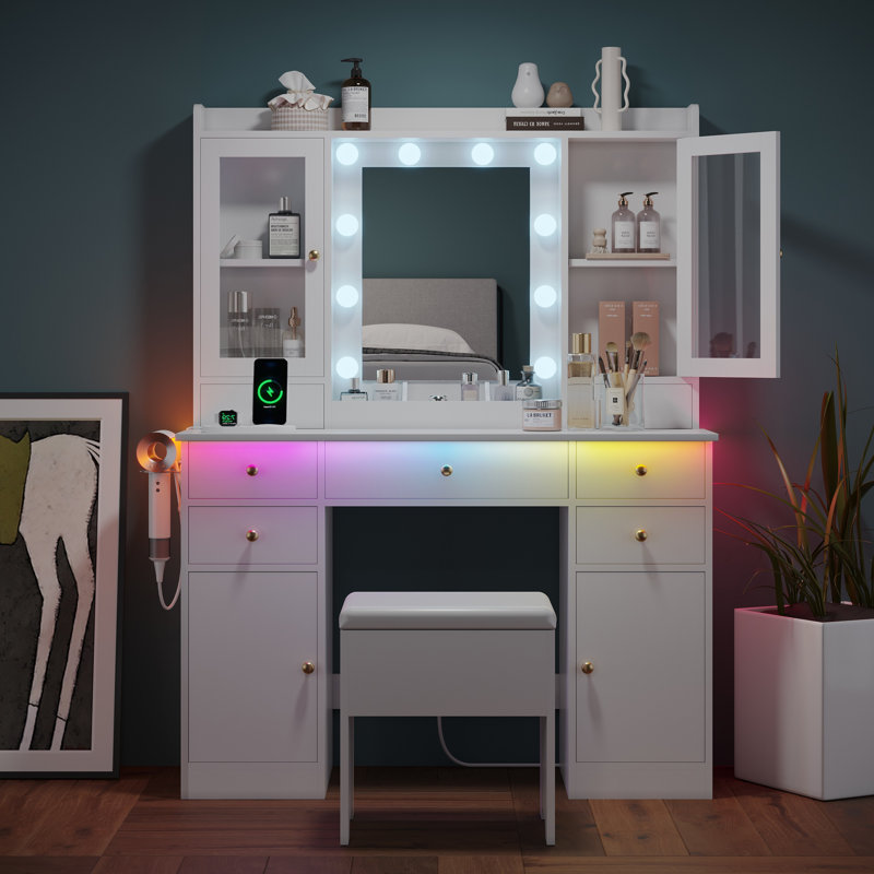Durnan Vanity & Stool ,LED Lights And Power Outlet, Bedroom Makeup Vanity Table With 2 Glass Storage Cabinet And 7 Drawers