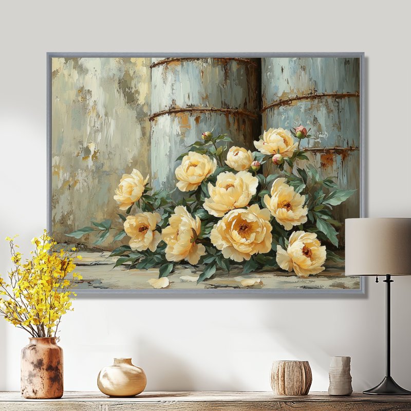 Ferme, pivoines par le grain de silo II - pivoines, art mural, Argent argent, Impression encadrée flottante