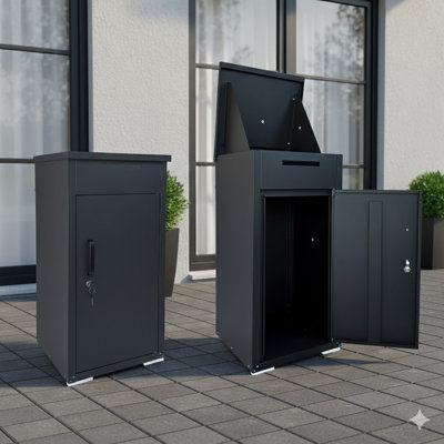 Boîte de livraison de colis pour l'extérieur, boîte de livraison en acier laminé à froid pour les colis et les courriers, grande boîte aux lettres verrouillable et anti-vol pour porche, maison, bord de trottoir, noir