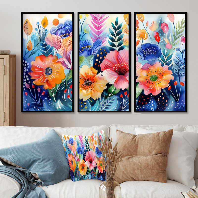 Fleurs roses bleues sous l'eau II - ensemble d'art mural botanique, Toile avec cadre flottant noir