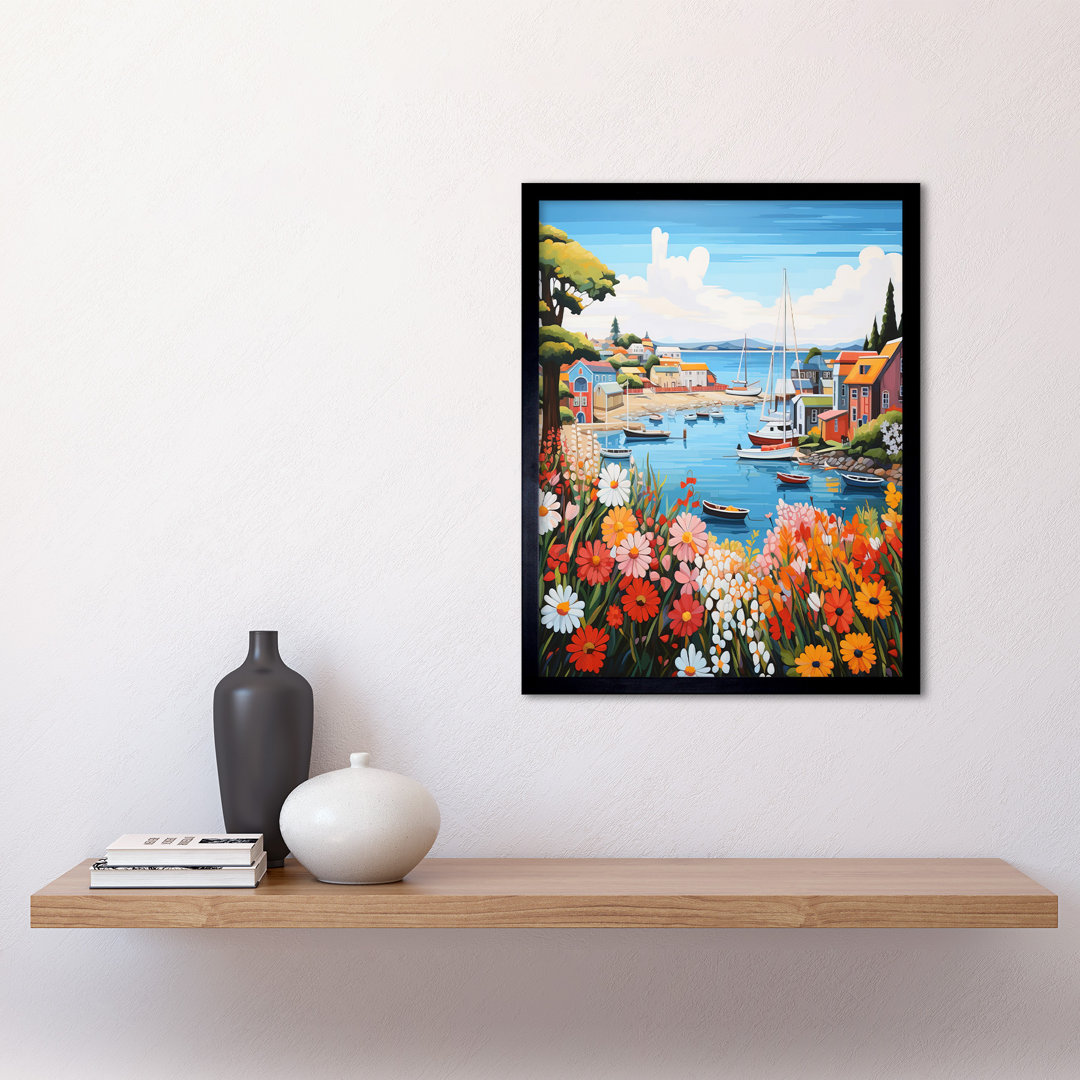 Idyllic Scenic Seaside Fishing Village Bright Floral Harbor - Single Picture Frame Print
