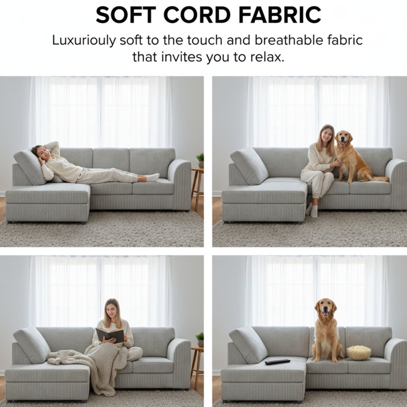 Jumbo Cord Hand Facing Corner Sofa With Footstool, Left Hand Facing, Silver