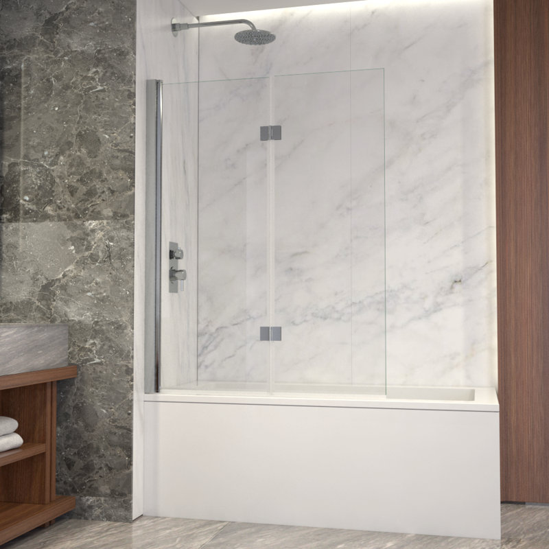 Porte de baignoire pliante sans cadre avec verre transparent l 42 po x H 55 po Flora, Chrome chrome