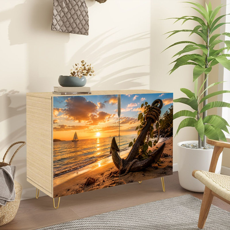 Buffet Buffet avec rangement Ancre rustique Sandy Beach Golden Sunset Seascape Voiliers dramatiques avec 2 portes pour le salon et la cuisine