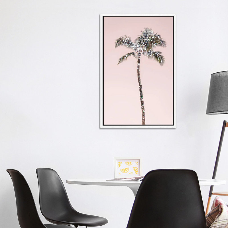 Glitter Palm Tree - Print on Canvas, 101.6cm H x 66.04cm W x 3.81cm D, White Framed