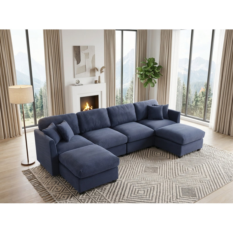 U-Shape Modular Sectional Sofa, 6-Seat Corduroy Convertible Couch with 2 Removable Ottomans & Throw Pillows, Oversized Corner Sofa with Ottoman Modules for Living Room, Apartment, Large Space