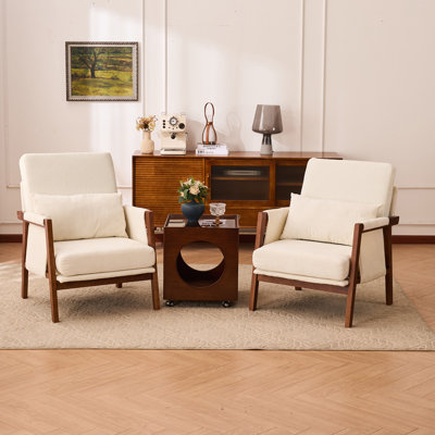 Accent Chair Mid-Century Modern Chair with Lumbar Support Pillow, Upholstered Living Room Chairs with Wooden, Chenille Armchair with Cushion, Comfy Side Chair for Bedroom, Balcony
