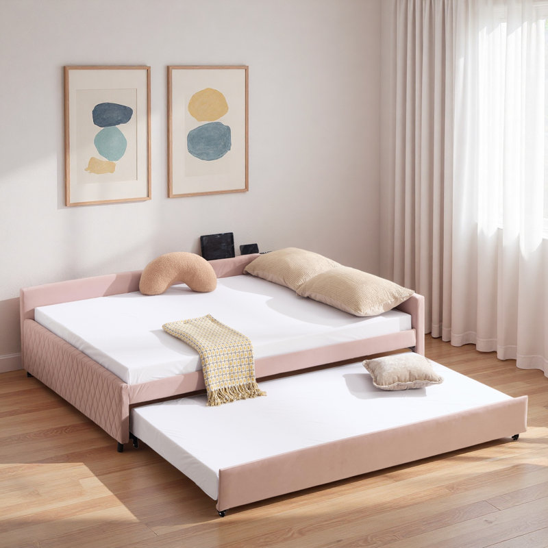 Upholstered Daybed With Trundle And Usb, Pink