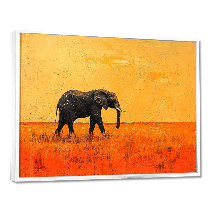 Coucher de soleil éléphant dans le désert doré II - éléphant, art mural, H 24 po x l 32 po, Avec cadre, Blanc