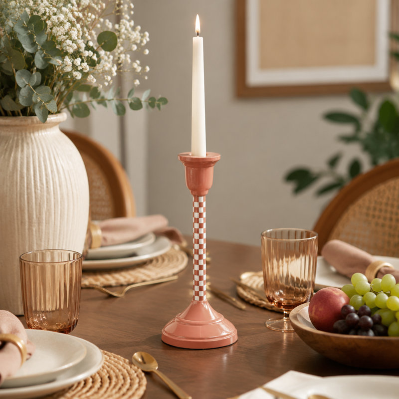 Hand-Painted Dusty Pink Aluminum Taper Candle Holder, 9.75" H x 4.25" W x 4.25" D
