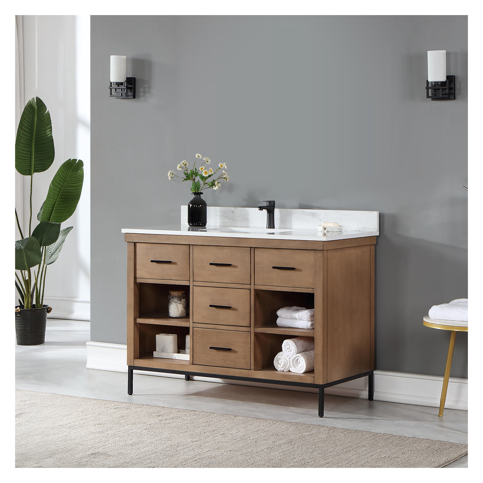 Kesia 48'' Single Bathroom Vanity, Brown, Matte Black