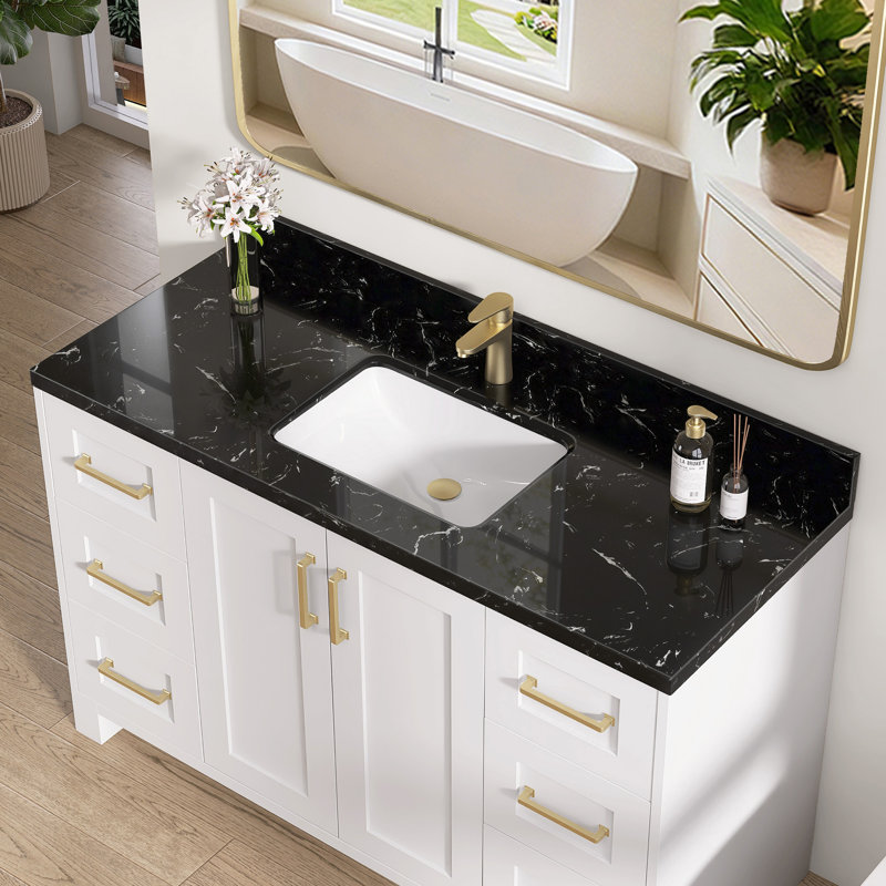 48 po X P 22 po D Meuble-lavabo de salle de bain simple rectangulaire en marbre noir avec comptoir, Noir
