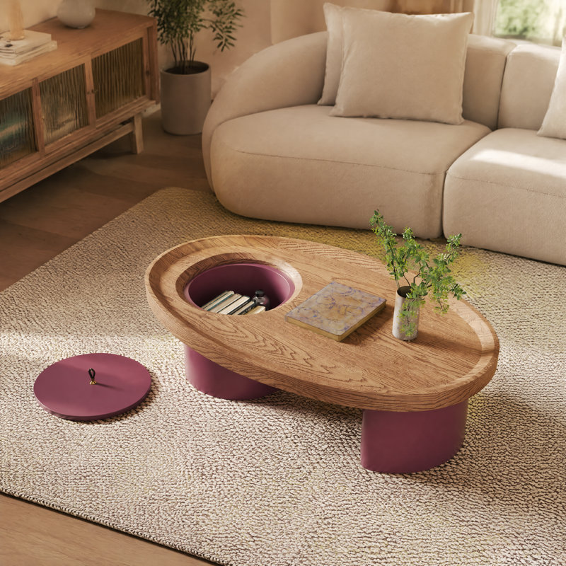 Table basse ovale en bois avec rangement 45,3 po, plateau en noyer avec pieds rouges, table de salon Mid-Century