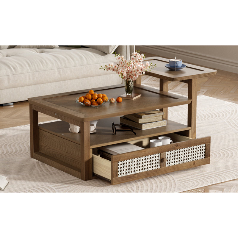 Table basse avec 1 tablette de rangement et 1 tiroir en rotin, Marron foncé