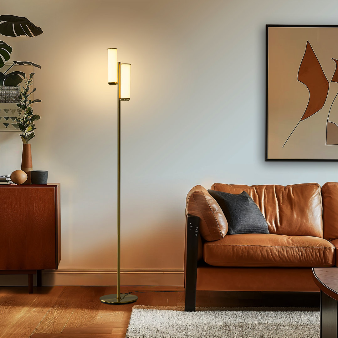 Gemini 64 in. Industrial 3-Way Dimming Gold LED Floor Lamp with Glass Cylinder Shades Brightech