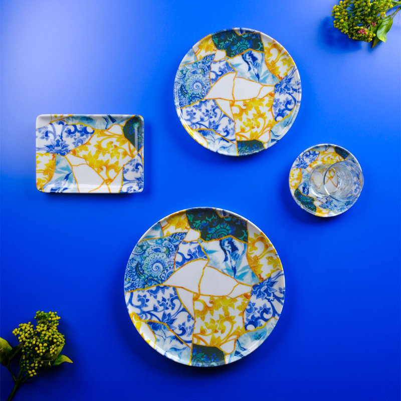 Ensemble de petit déjeuner (30 pièces), Floral bleu / jaune