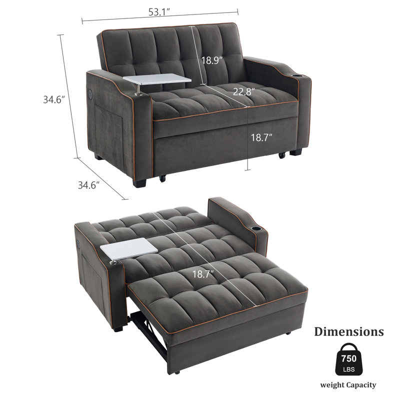 Multi-functional Tufted Back And Cushions Upholstered Convertible Velvet Loveseat Futon Sleeper Sofa W/pullout Sofa Bed, Gray