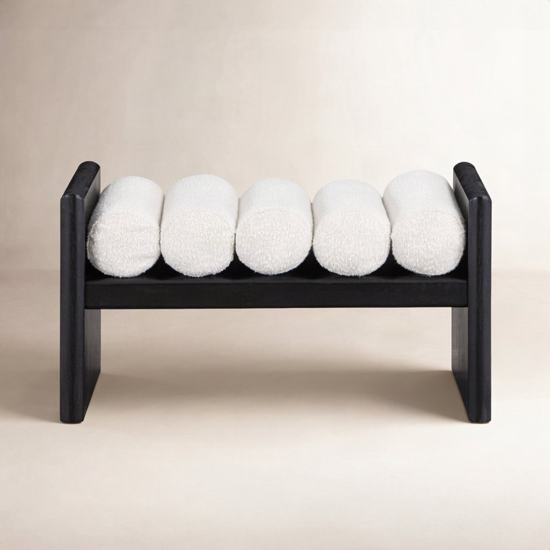 Banc en bois Boucle, H 18 po x l 32 po x P 19 po, Tissu crème bouclé / finition noire