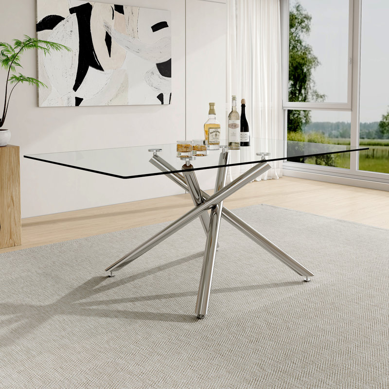 Large Modern Minimalist Rectangular Glass Dining Table with 0.39" Tempered Glass Tabletop and Chrome Metal Legs, for Kitchen Dining Living Meeting Room Banquet hall