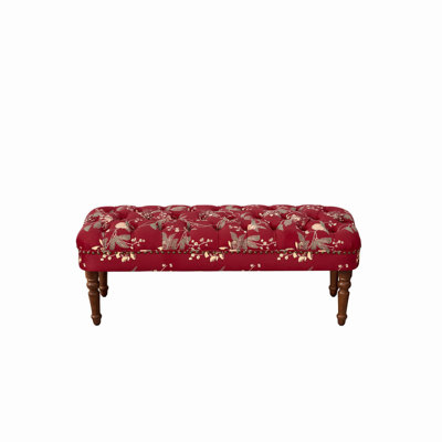 Banc capitonné à motif floral de style européen avec pieds en bois tourné, pouf américain rembourré pour chambre et salon (ROUGE VIN)