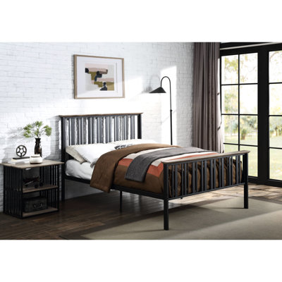 Antique Oak & Black Full Bed, Without Box Spring, Wooden Trim, Slatted Headboard And , Metal, 8" Mattress Recommended, 330Lbs Capacity Bed In Black, No Trimmed, Head Preferred, Load