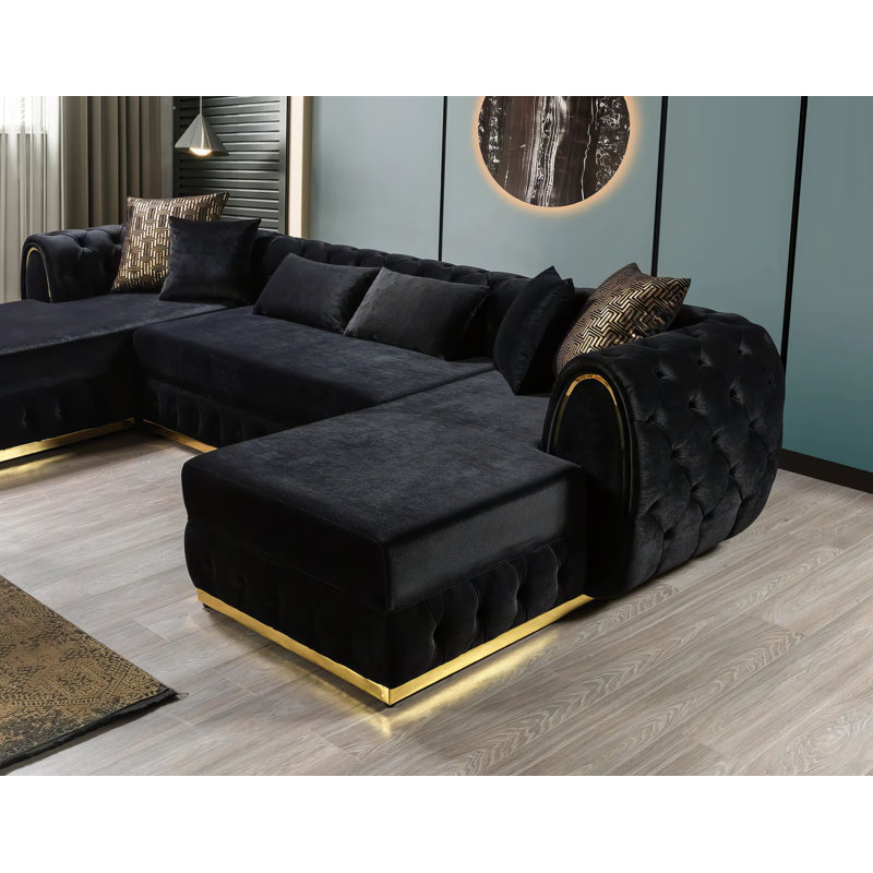 Canapé modulaire Farhanaaz, Velours noir, Or