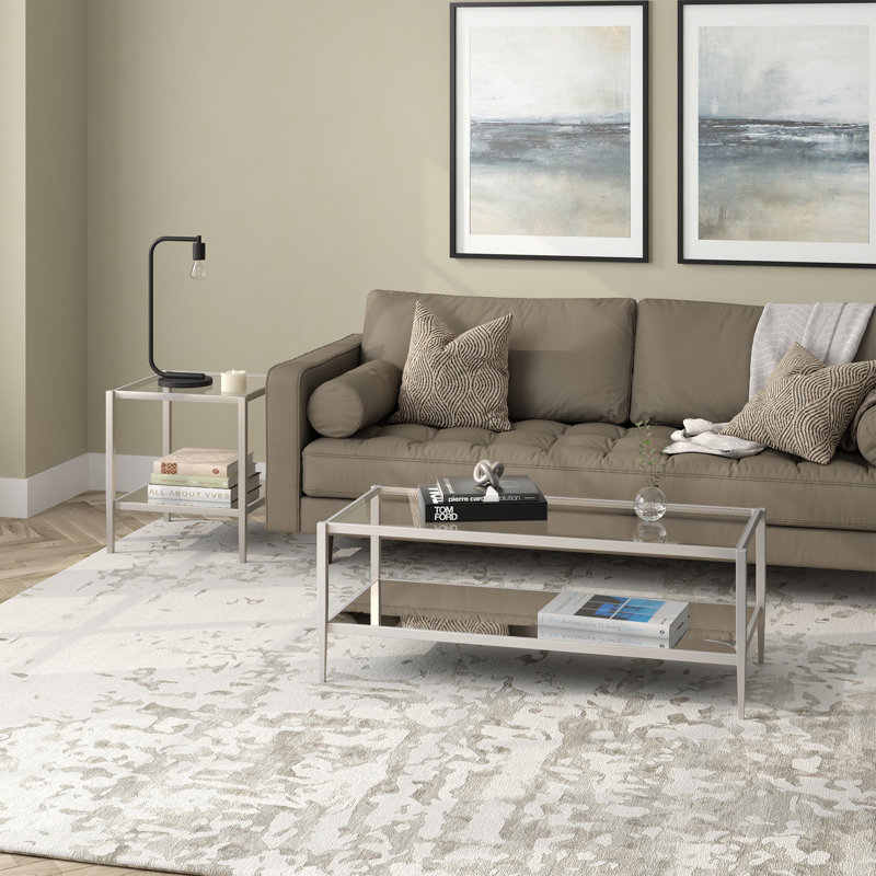 Satin Nickel Rectangular Metal and Glass Coffee Table