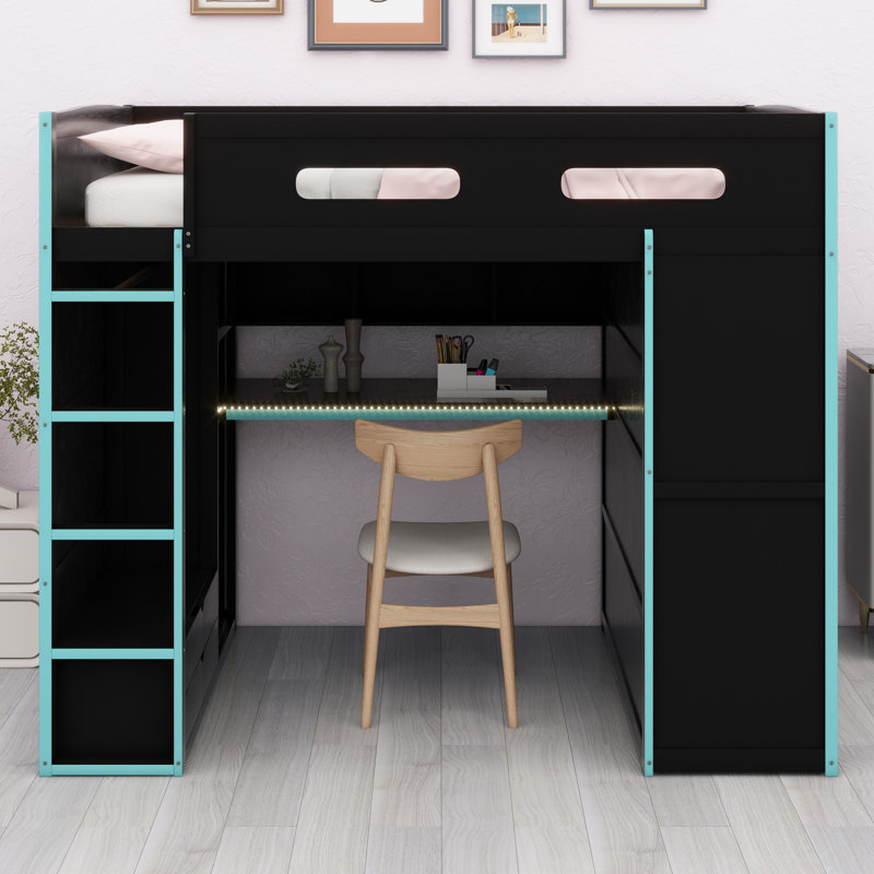 Lit mezzanine en bois avec bureau, garde-robe, grand espace de rangement et lumière DEL RVB, Bleu nuage