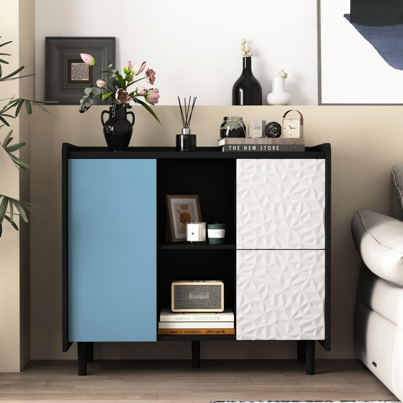 Buffet noir avec portes rouges et 2 tiroirs, armoire de cuisine, salle à manger, rangement spacieux, fabriqué en rouge, compartiments de rangement généreux à tiroirs, salle à manger, espaces de vie, construction