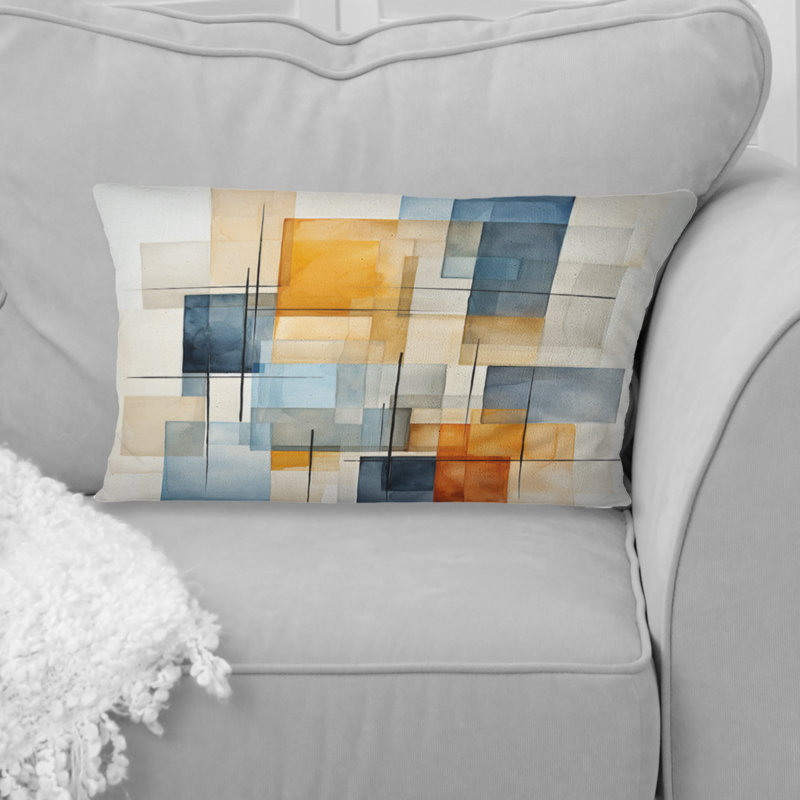 Coussin décoratif à imprimé géométrique beige et bleu