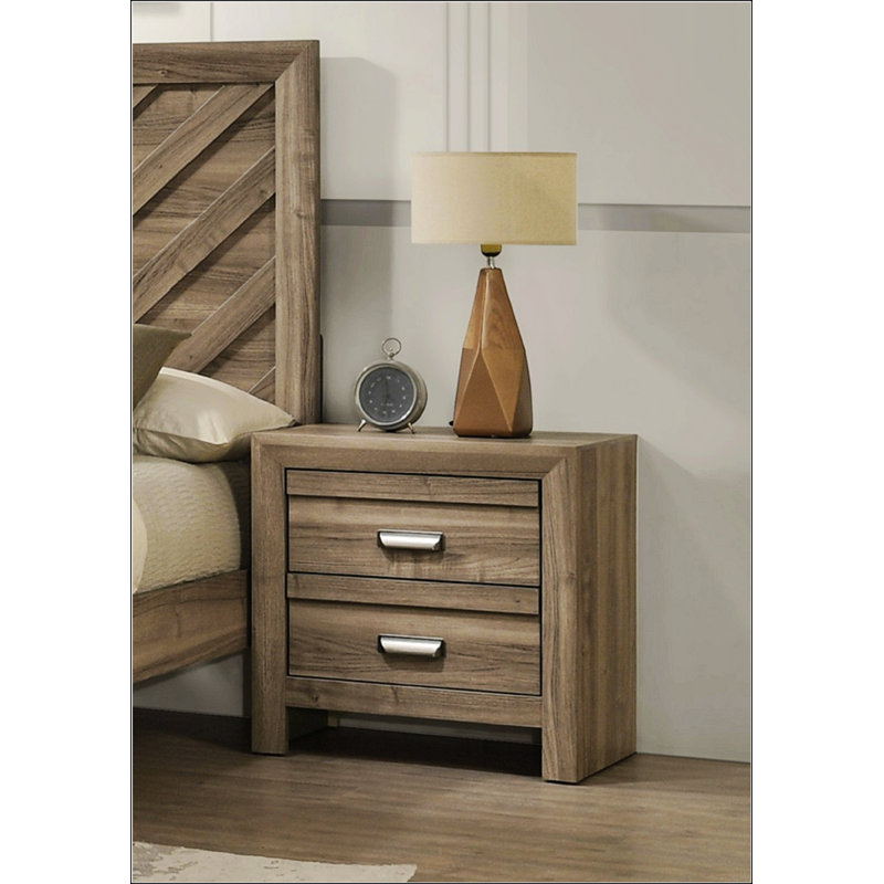 Table de chevet en bois de style contemporain avec deux tiroirs, finition brun clair pour les chambres chaudes et confortables