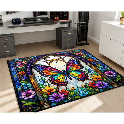 Tapis en velours antidérapant en velours, motif floral éclatant papillon en vitrail, tapis décoratif, décoration intérieure artistique pour salon, chambre à coucher, salle à manger, couloir, entrée, cuisine, appartement