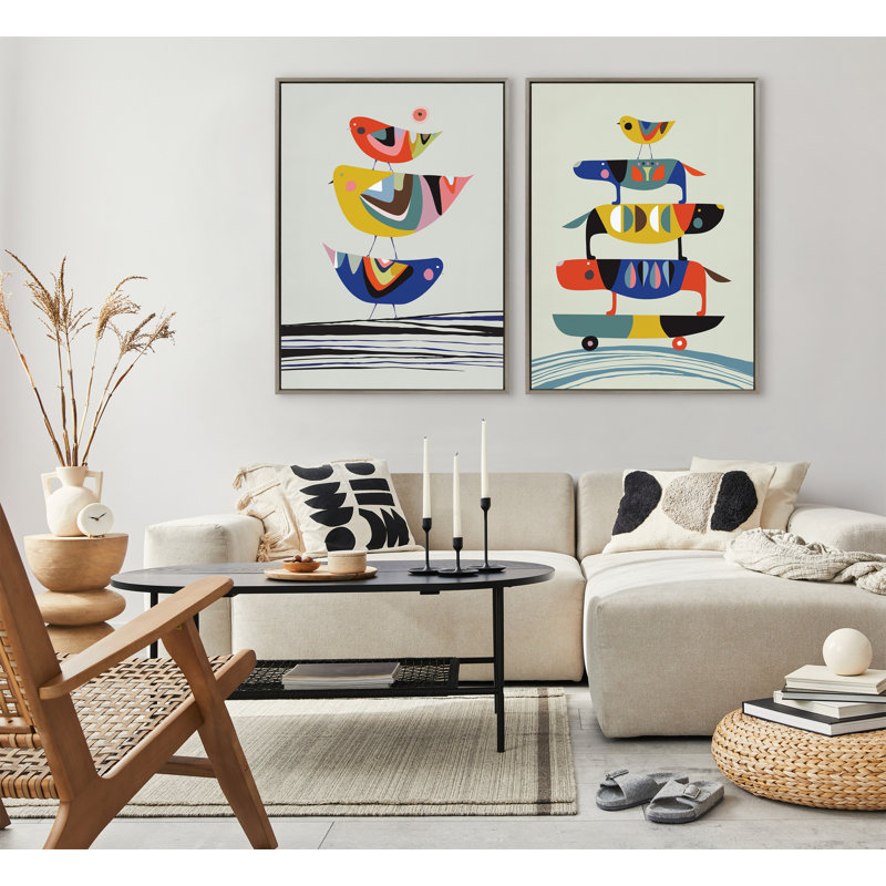 «Skate Dog» par Rachel Lee, 3 oiseaux, reproduction d'art sur toile encadrée, H 41,5 po x l 31,5 po, Gris