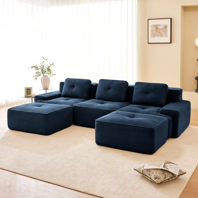 Canapé modulaire en U parfait pour les petits appartements Canapé modulaire moderne en U de 117 po pour le salon, tissu en velours côtelé, canapé 3 places avec assise profonde et repose-pieds mobile, passepoil perlé, conception capitonnée