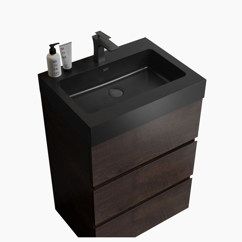 24'' Single Bathroom Vanity with Top, Walnut, Black