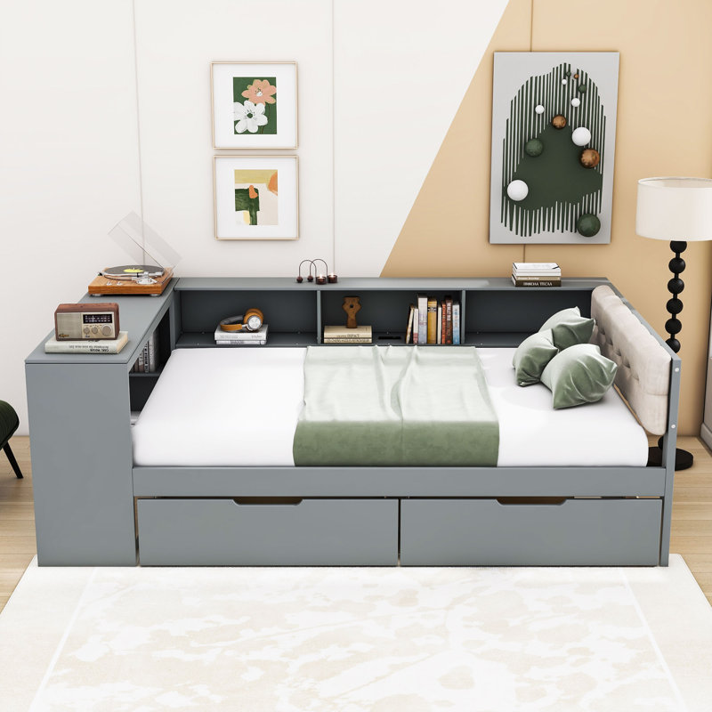 Lit de jour en bois avec 2 tiroirs et tablettes et station de charge, Complet/Double, Gris