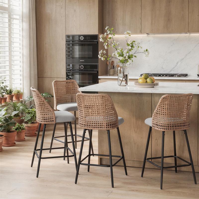 Upholstered Light Gray Rattan Full Back Counter Swivel Bar Stool, Light Gray