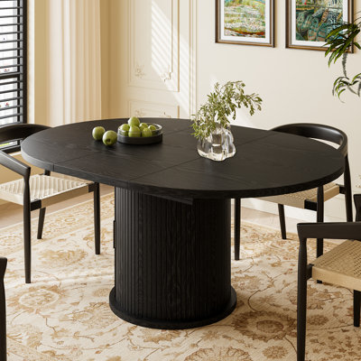 43.3"-59" Round Extendable Dining Table for 4-6, Oval Kitchen Dining Table with Storage, Pedestal Dining Table