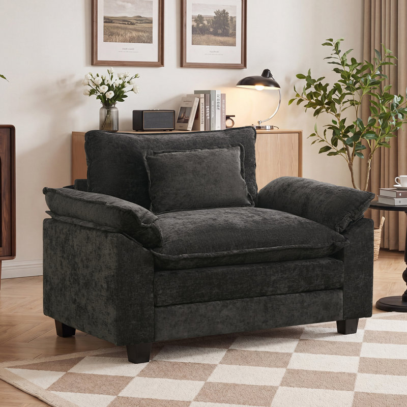 53" Comfy Cloud Couch Deep Seat Sofa Chair With Throw Pillow For Living Room Bedroom, Black Chenille