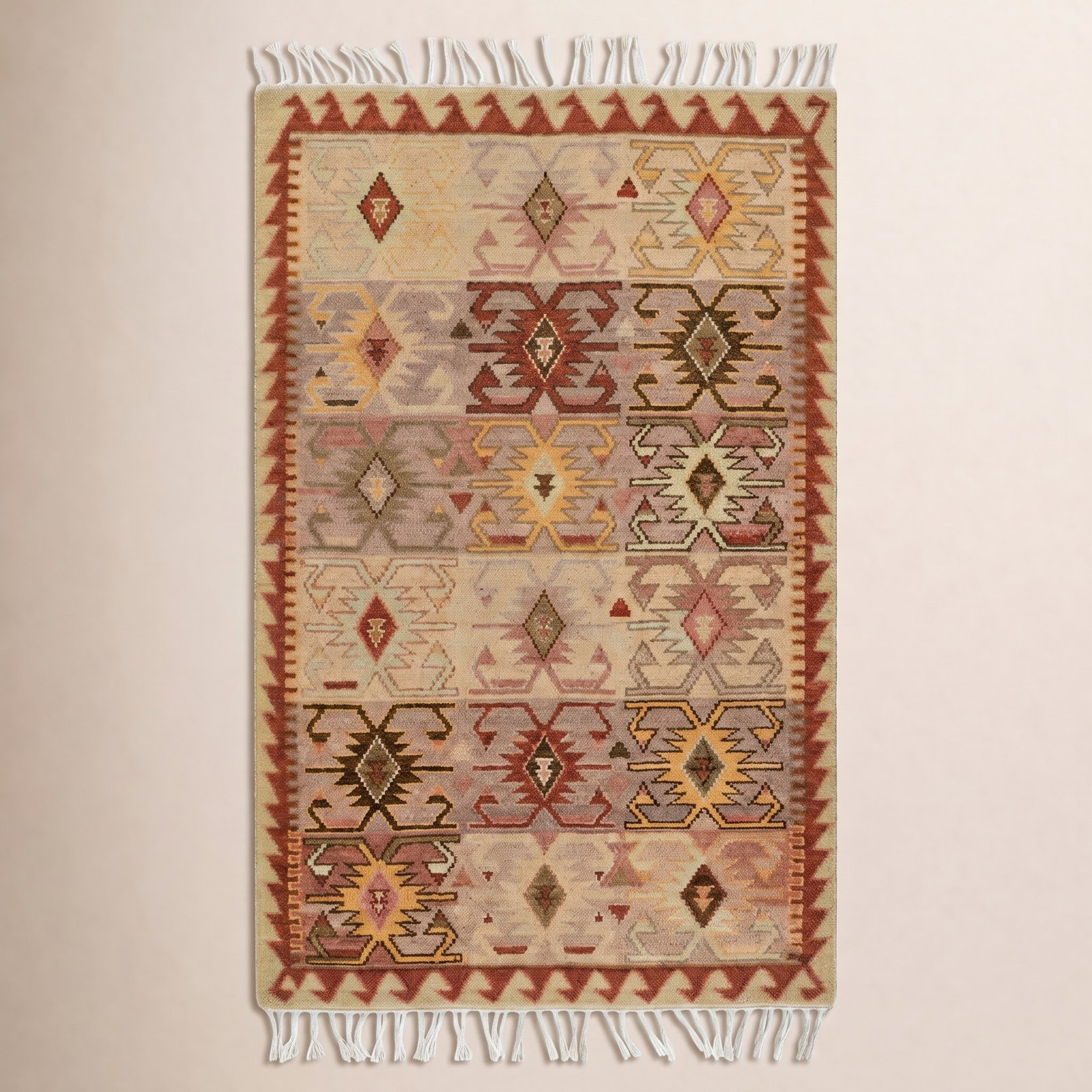 Beige Red Yellow Hand-Knotted Wool Rug, Rectangle 8' x 11'